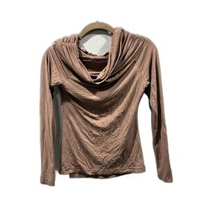 HT Cowl Neck Ruched Long Sleeve Top Brown Viscose Stretch XS Soft Drape Blouse